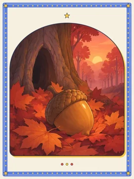 Example: a tale card, an acorn in autumn leaves