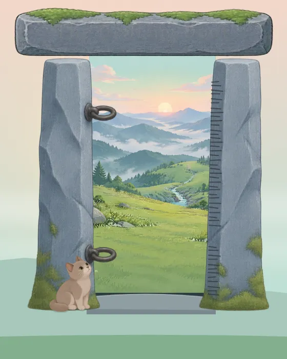 Juniper at the stone door where the tale begins