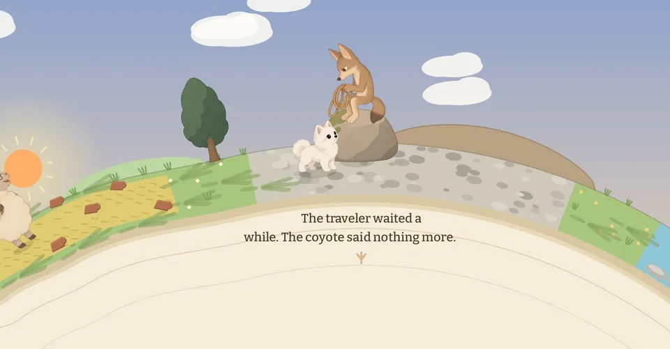 Rufus on the hill beside a coyote on a rock